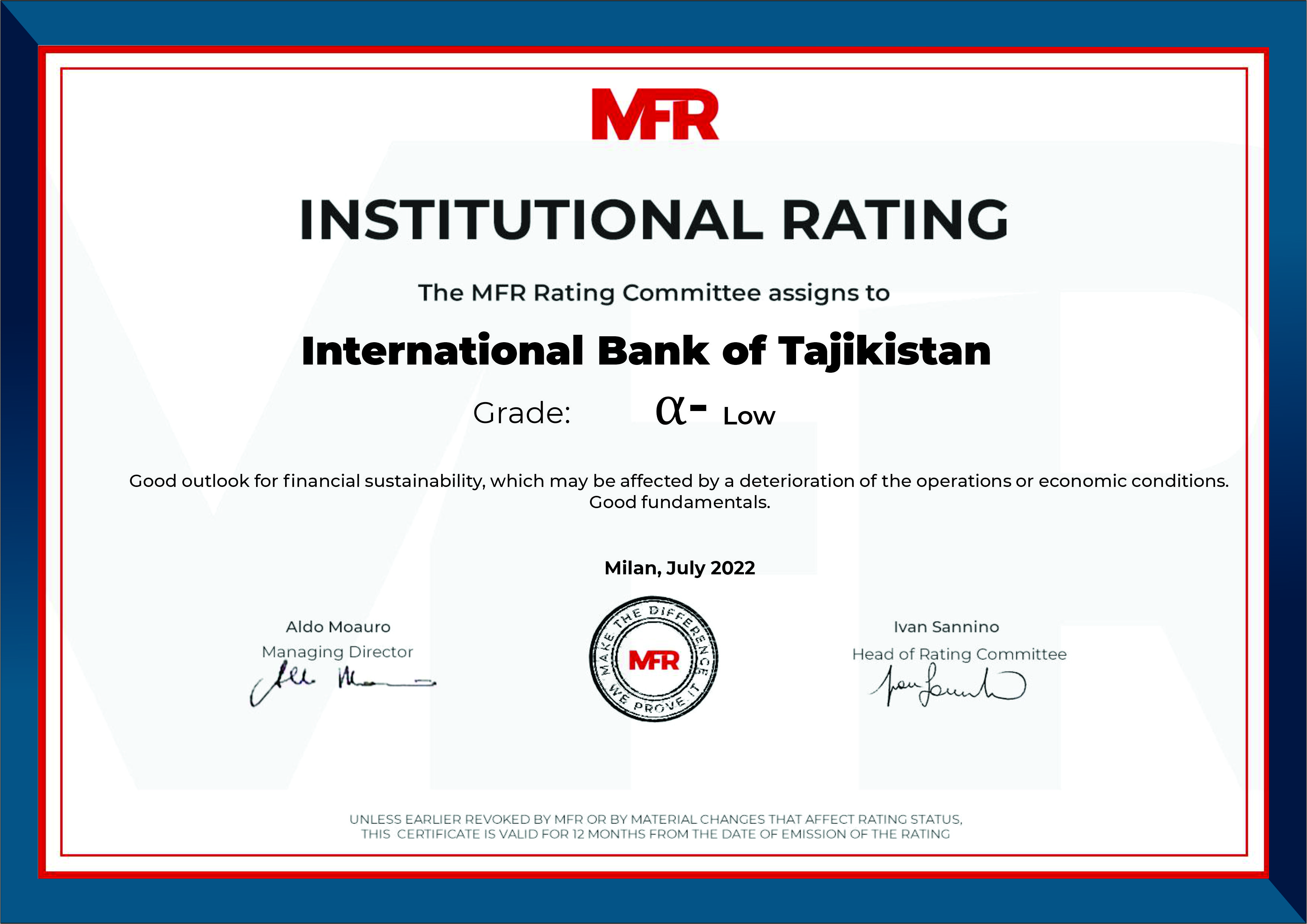 Международный банк Таджикистана получил институциональный рейтинг от MFR